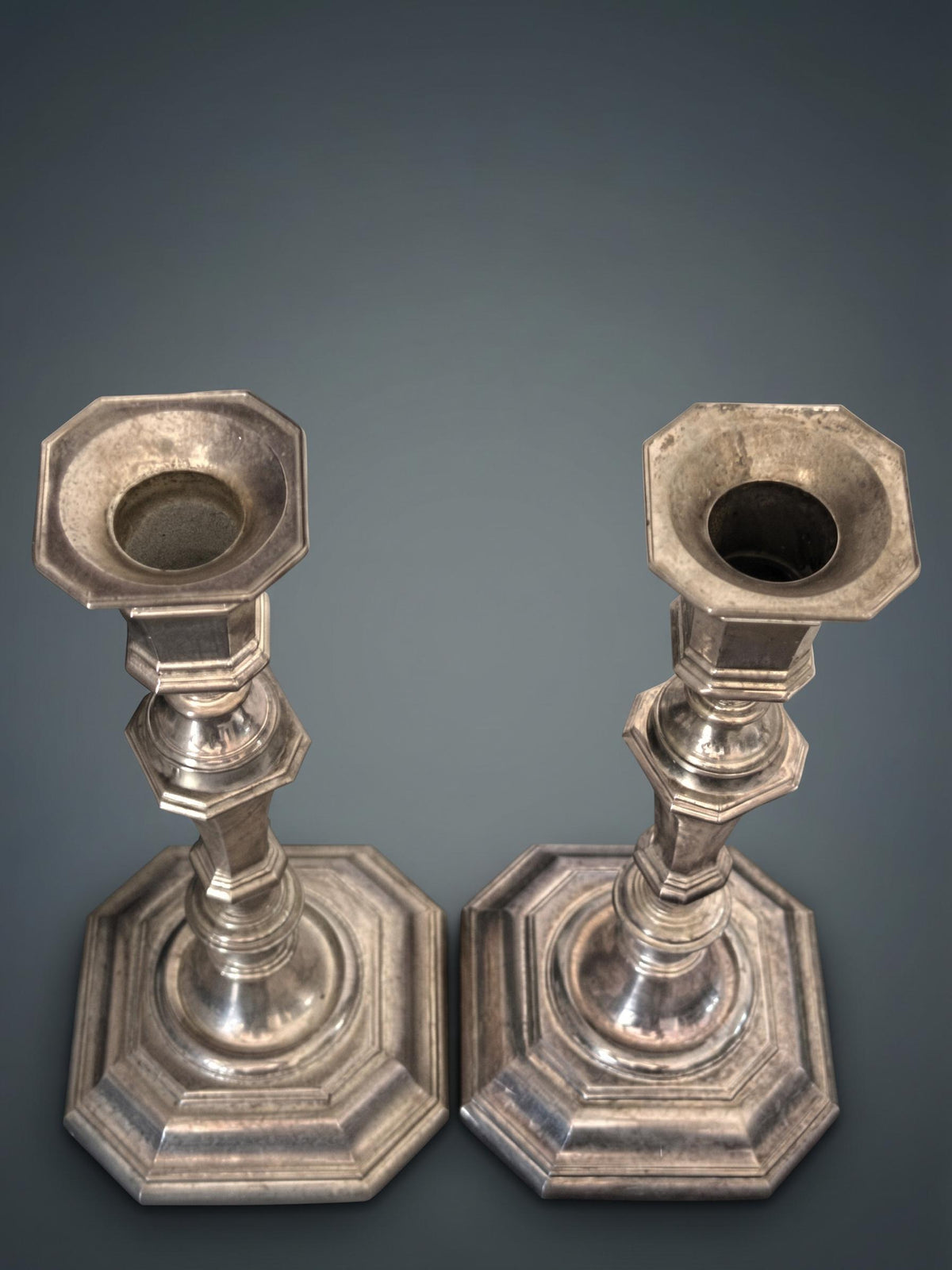 Pair of Louis XIV Style Octagonal Candlesticks, Silver-Tone Metal, Faceted Baluster Stems and Stepped Bases
