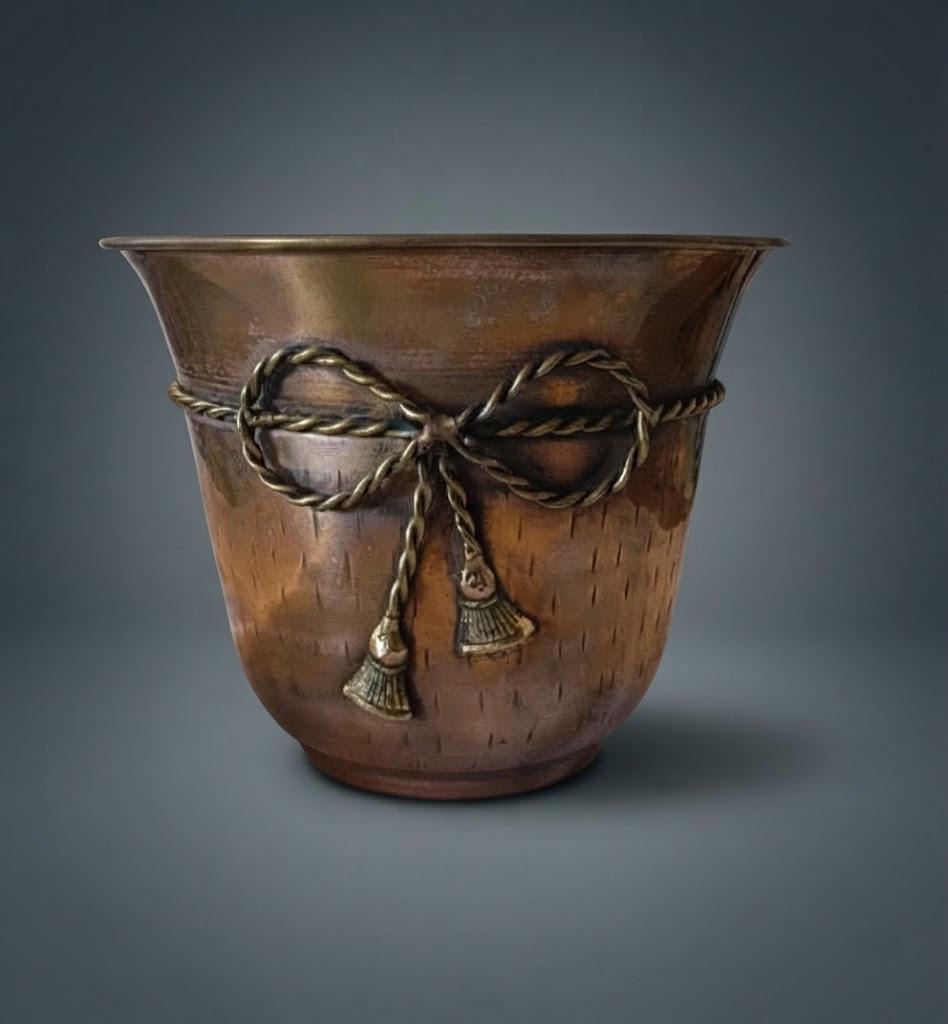 Copper-Tone Metal Cachepot with Brass-Tone Rope Bow and Tassels, Hammered Texture, Flared Rim Planter
