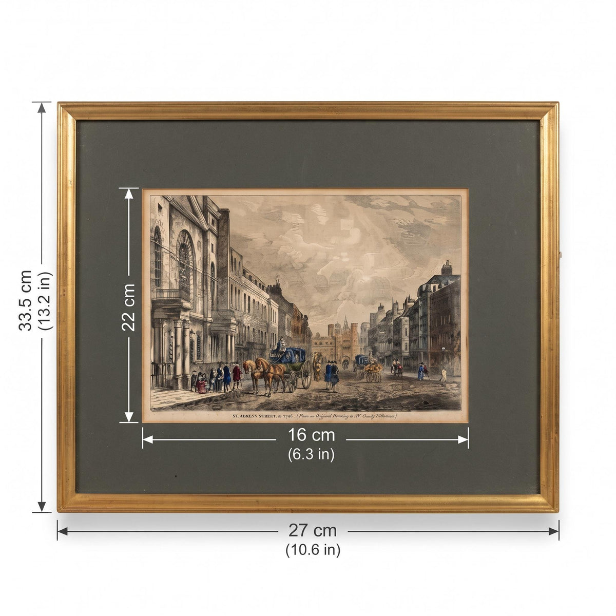Antique Framed Engraving, St. James's Street London 1750, Hand-Coloured — England, 19th Century