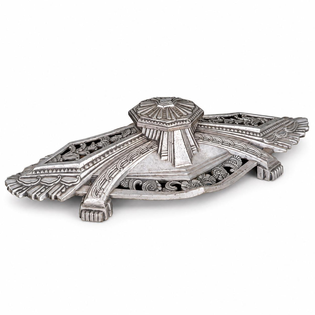 Antique French Art Deco Fan-Motif Inkwell, Geometric Silver-Tone Metal — France, circa 1930
