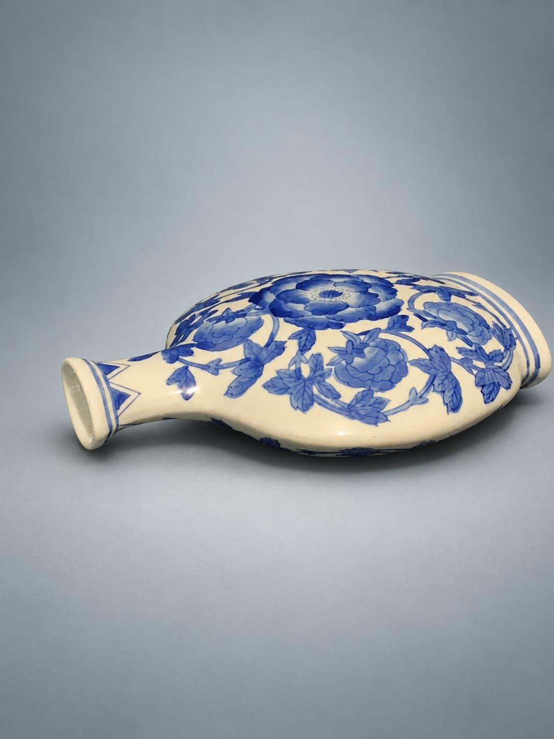 Blue and White Porcelain Vase, Peony Decoration, Marked Base — China, 20th Century