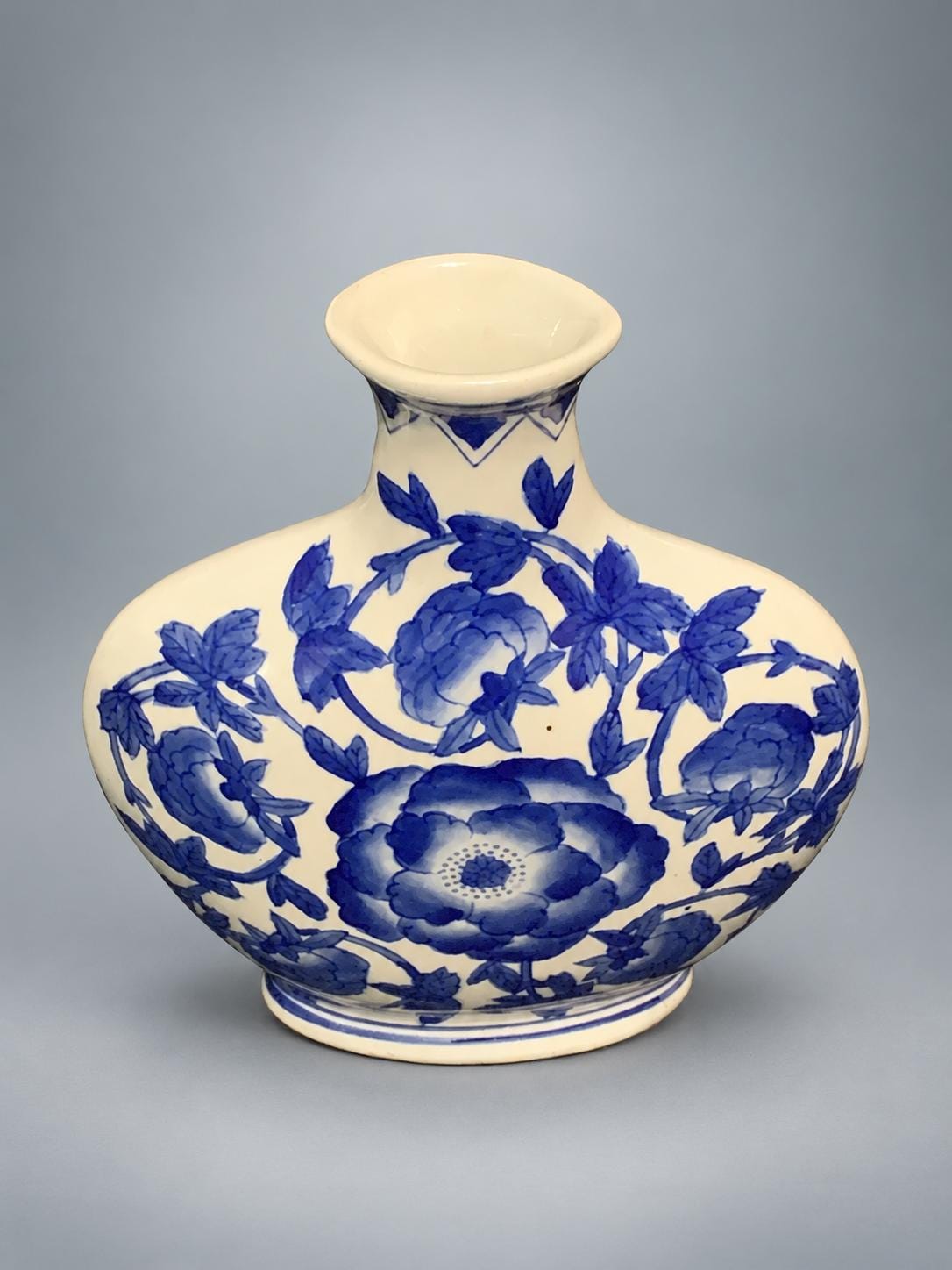 Blue and White Porcelain Vase, Peony Decoration, Marked Base — China, 20th Century