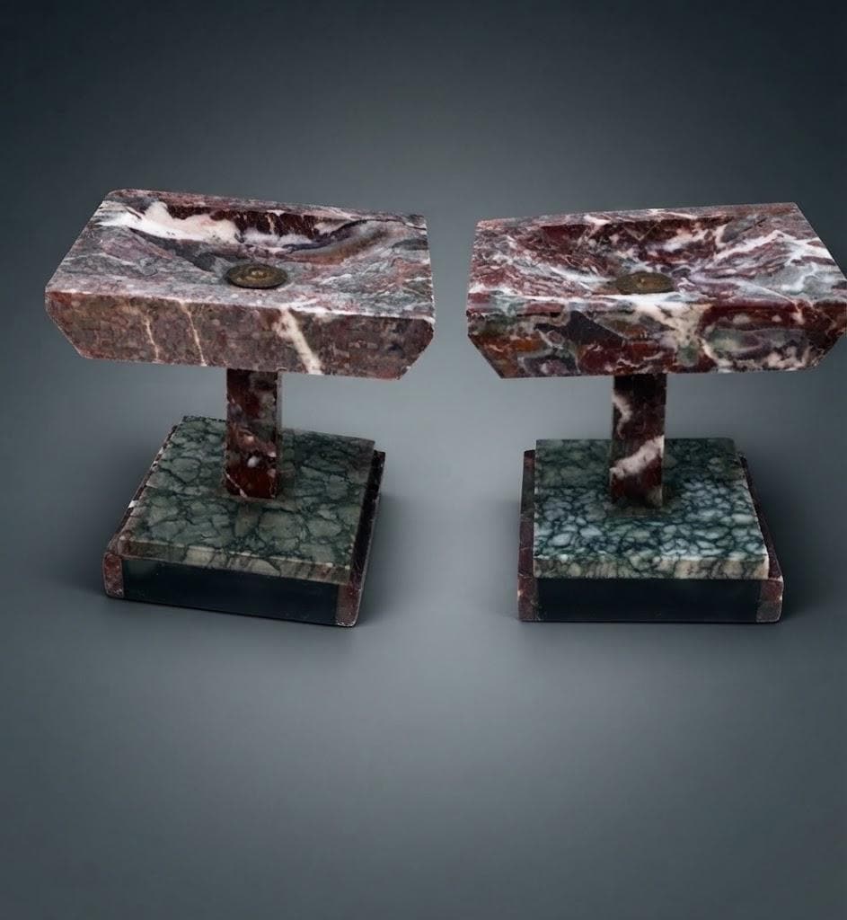 Pair of Art Deco Marble Pedestal Stands, Rose and Green Marble — Europe, Vintage