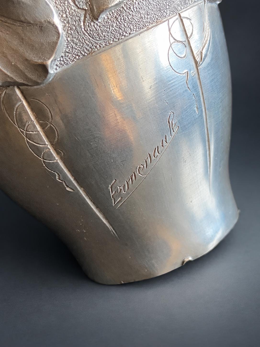Antique Fine Pewter Vase, Signed Ermenault, Art Nouveau Leaf Relief — France, Early 20th Century