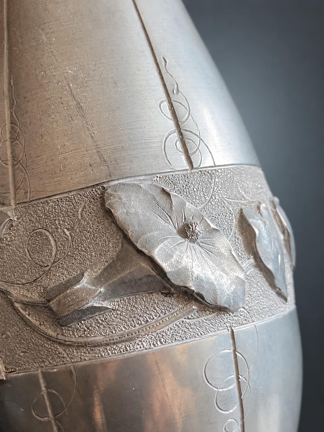 Antique Fine Pewter Vase, Signed Ermenault, Art Nouveau Leaf Relief — France, Early 20th Century