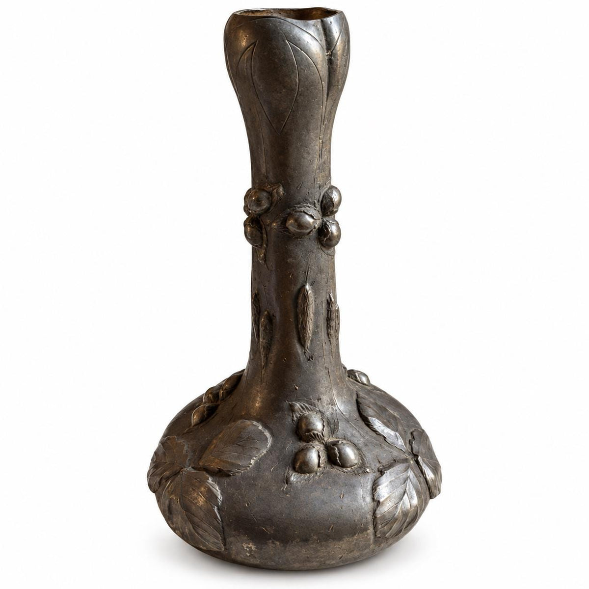 Antique Pewter Vase, Art Nouveau Organic Form with Botanical Relief — France, circa 1900