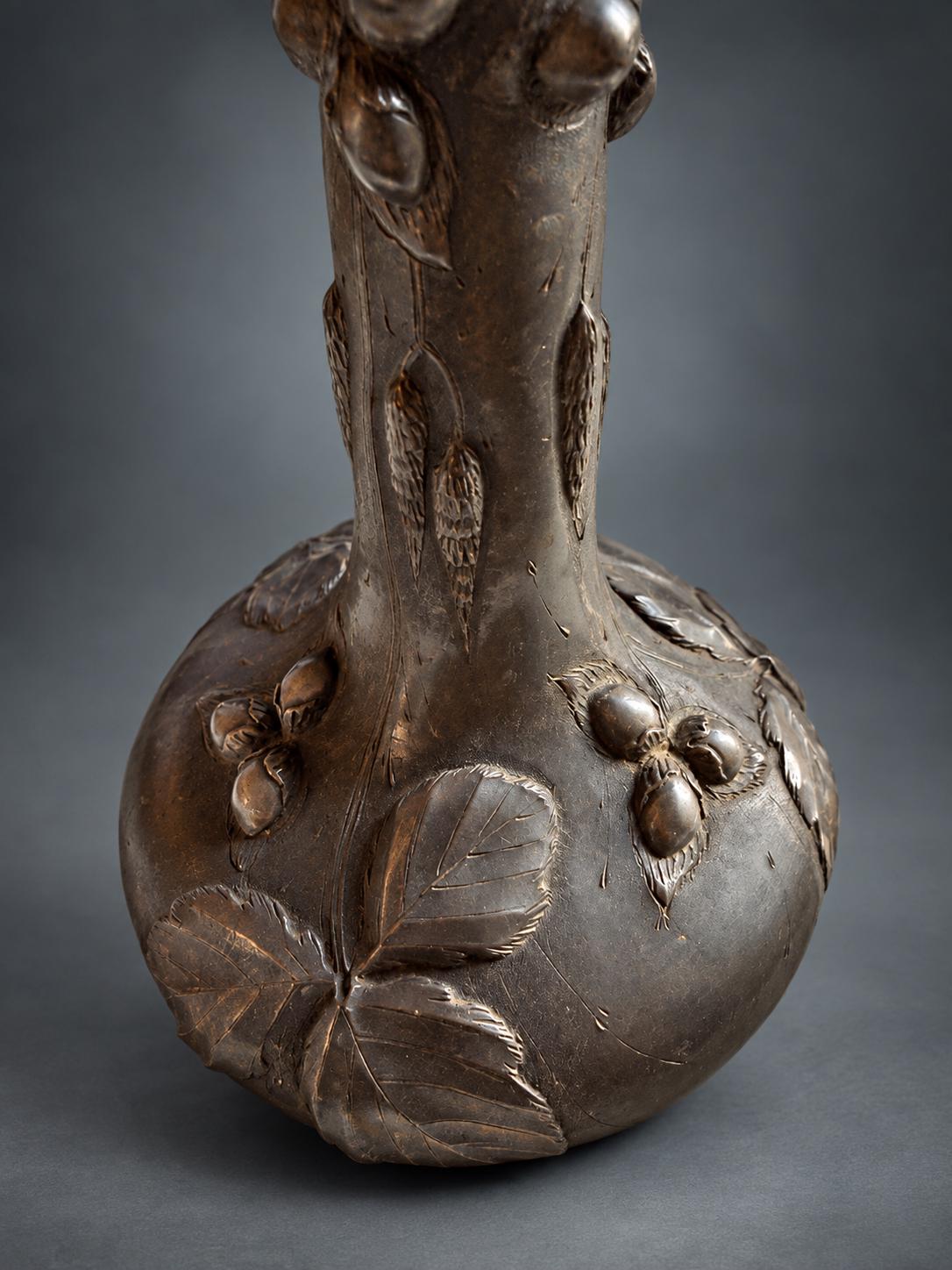 Antique Pewter Vase, Art Nouveau Organic Form with Botanical Relief — France, circa 1900