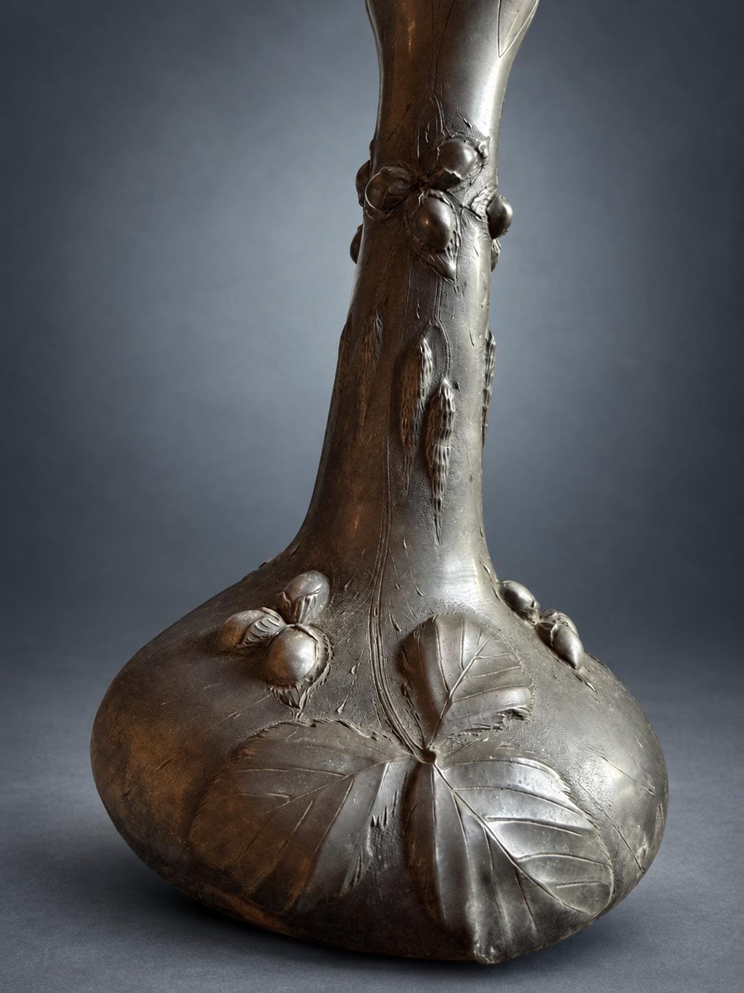 Antique Pewter Vase, Art Nouveau Organic Form with Botanical Relief — France, circa 1900