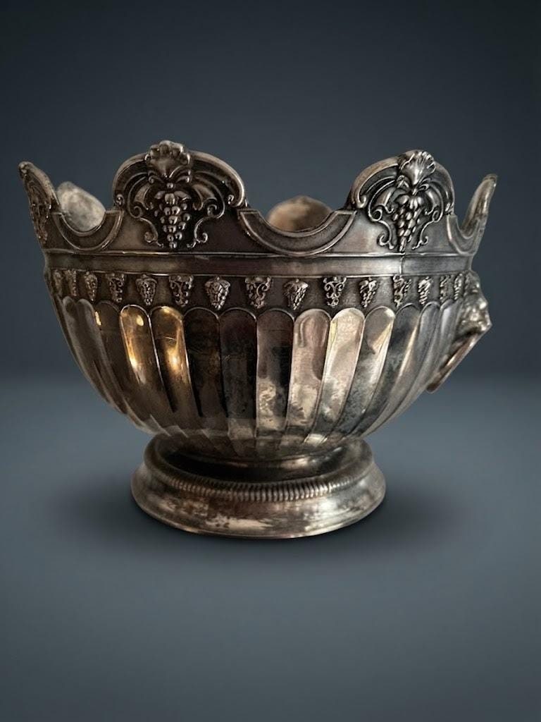 Antique Silver-Plated Bowl, Empire Style Lion Head Handles and Grapes — Europe, 19th Century