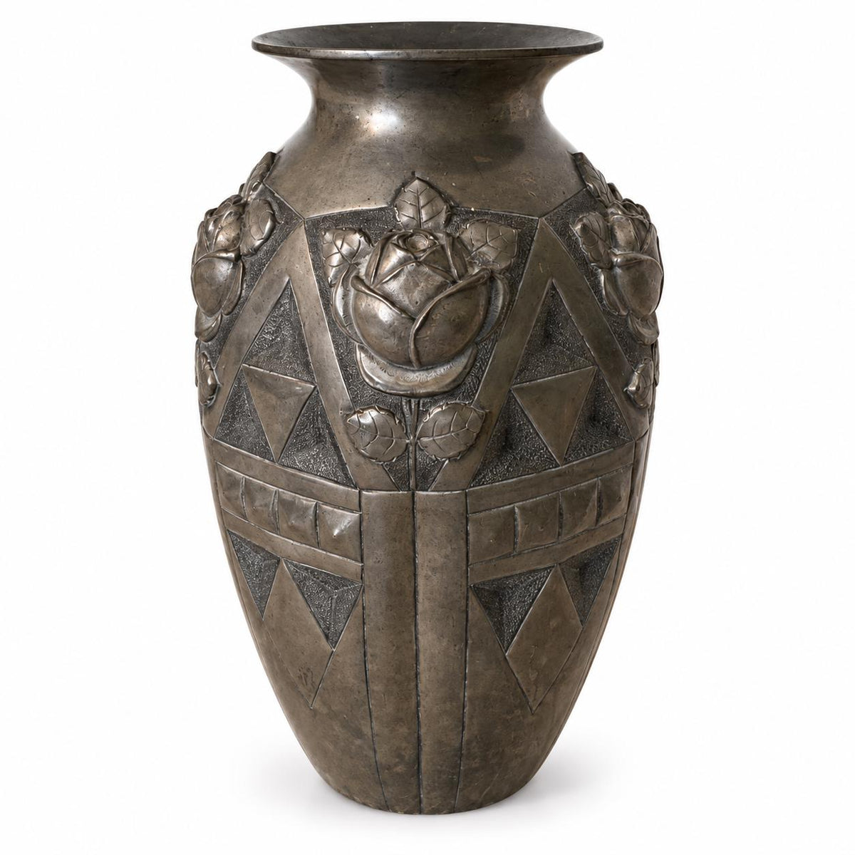 Antique French Art Deco Pewter Vase, Rose Relief, Noël Collet CID — France, 1920s-1930s