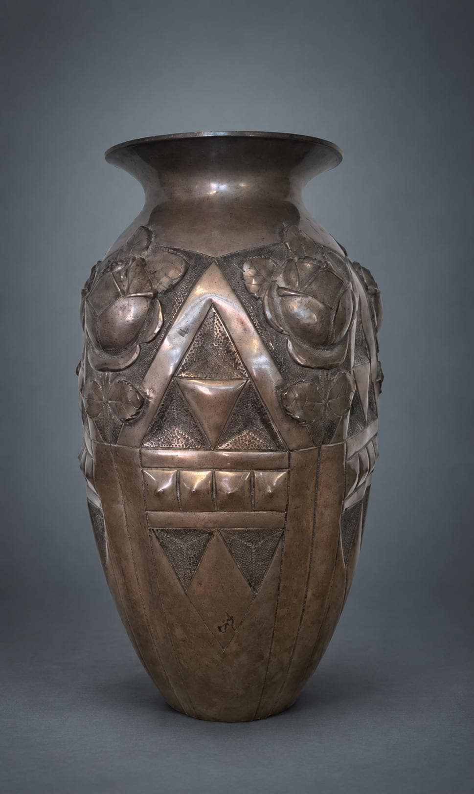 Antique French Art Deco Pewter Vase, Rose Relief, Noël Collet CID — France, 1920s-1930s