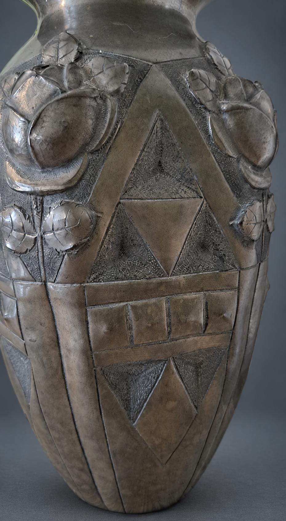Antique French Art Deco Pewter Vase, Rose Relief, Noël Collet CID — France, 1920s-1930s