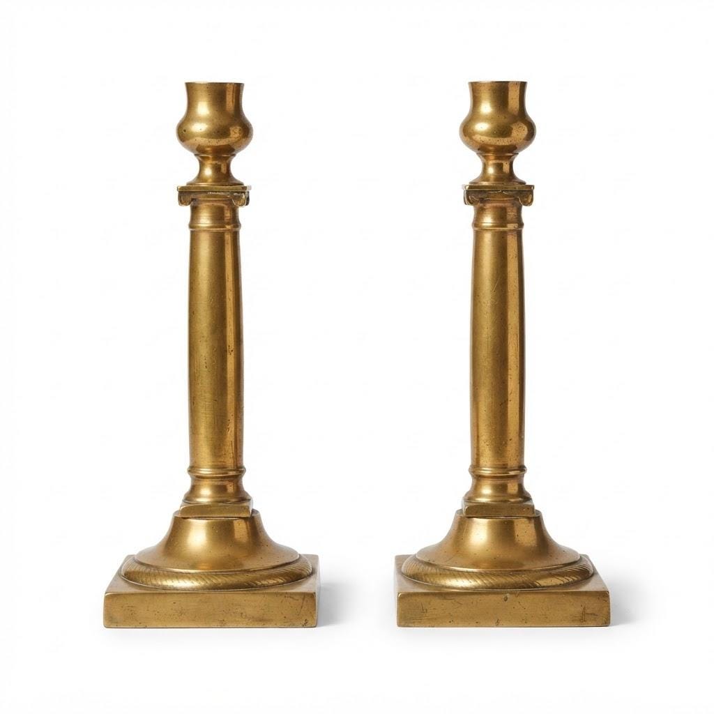 Pair of Antique Bronze Candlesticks, Louis XVI Empire Style Fluted Column — France, 19th Century