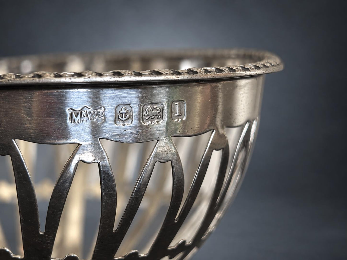 Antique Silver Pierced Pedestal Bowl, Openwork Ribbed Design — Europe, Hallmarked