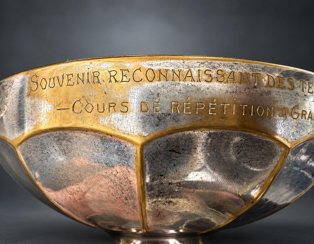 Antique Swiss Military Trophy 1927, Art Deco Silvered Cup, Cavalry Telephone Operators — Switzerland, 1927
