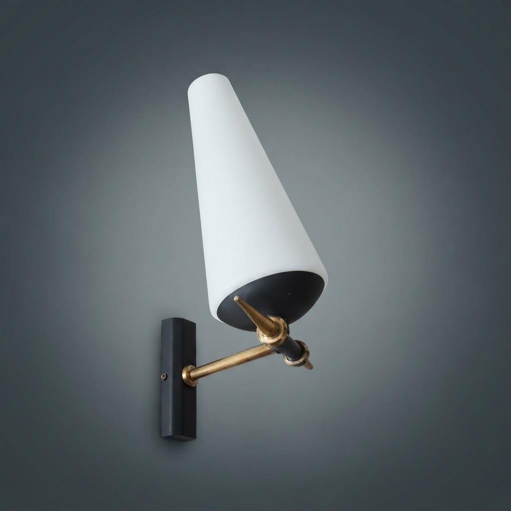Pair of Mid-Century Style Wall Sconces, Frosted White Glass Cone Shades, Brass-Tone Arms and Black Wall Plates