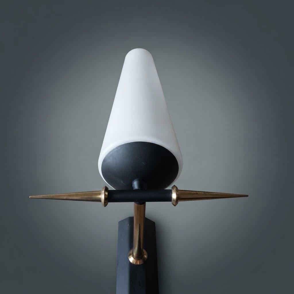 Pair of Mid-Century Style Wall Sconces, Frosted White Glass Cone Shades, Brass-Tone Arms and Black Wall Plates