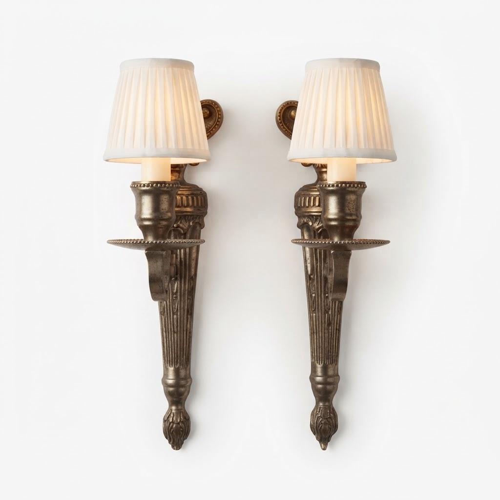 Pair of Louis XVI Style Single-Arm Wall Sconces, Gold-Tone Metal with Fluted Back Plates, Urn Tops and Beaded Drip Pans