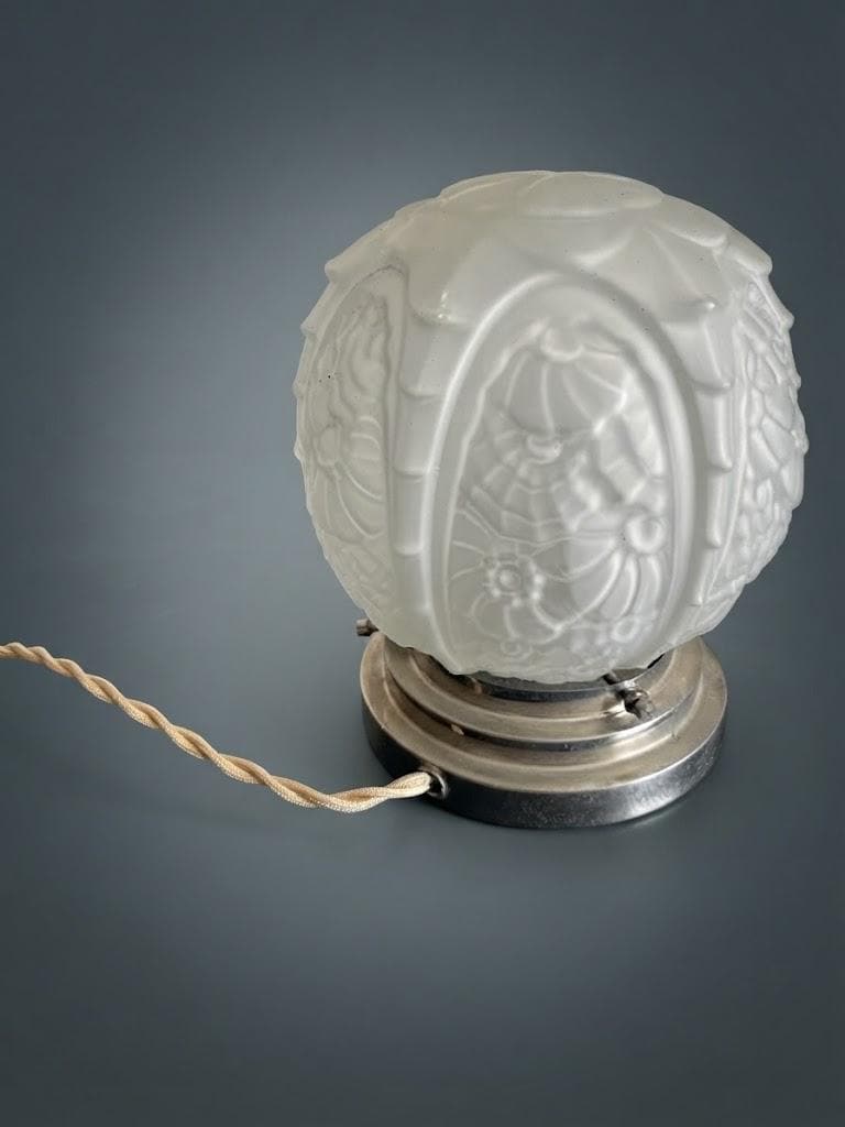 Vintage Art Deco Night Light, Frosted Pressed Glass Globe with Floral Relief on Stepped Chrome-Tone Base