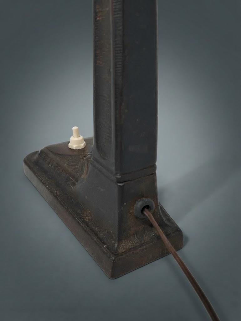 Vintage Art Deco Desk Lamp, Arched Patinated Metal Arm on Stepped Base with Clear Patterned Glass Globe