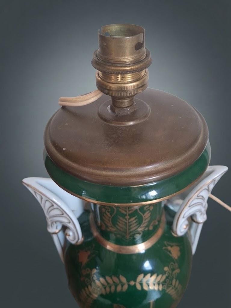 Vintage Empire Style Emerald Green Ceramic Urn Lamp Base with Gilt Eagle, Laurel Wreath and Palmette Handles