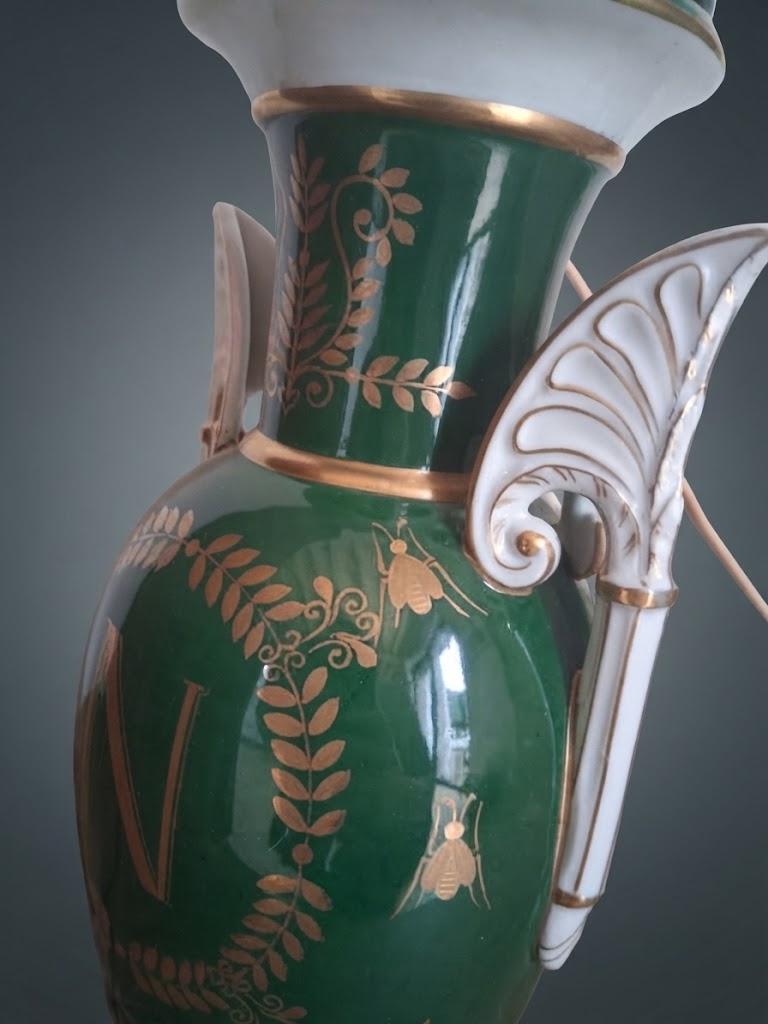 Vintage Empire Style Emerald Green Ceramic Urn Lamp Base with Gilt Eagle, Laurel Wreath and Palmette Handles