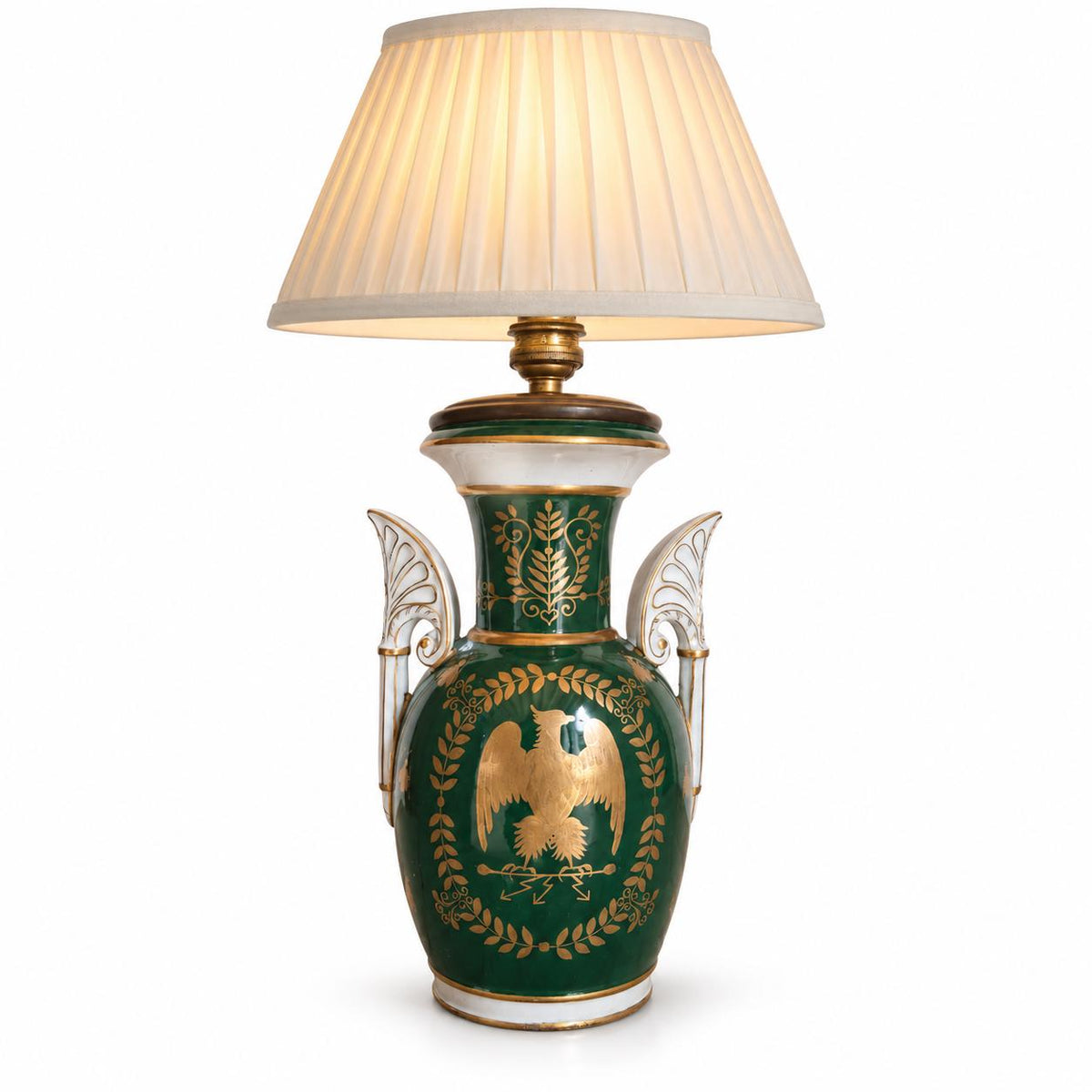 Vintage Empire Style Emerald Green Ceramic Urn Lamp Base with Gilt Eagle, Laurel Wreath and Palmette Handles