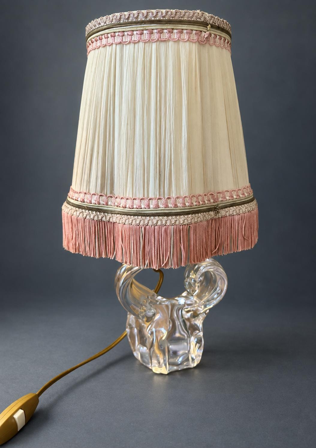 Vintage Mid-Century Clear Glass Table Lamp, Sculptural Twin-Loop Base, Pleated Shade with Fringe
