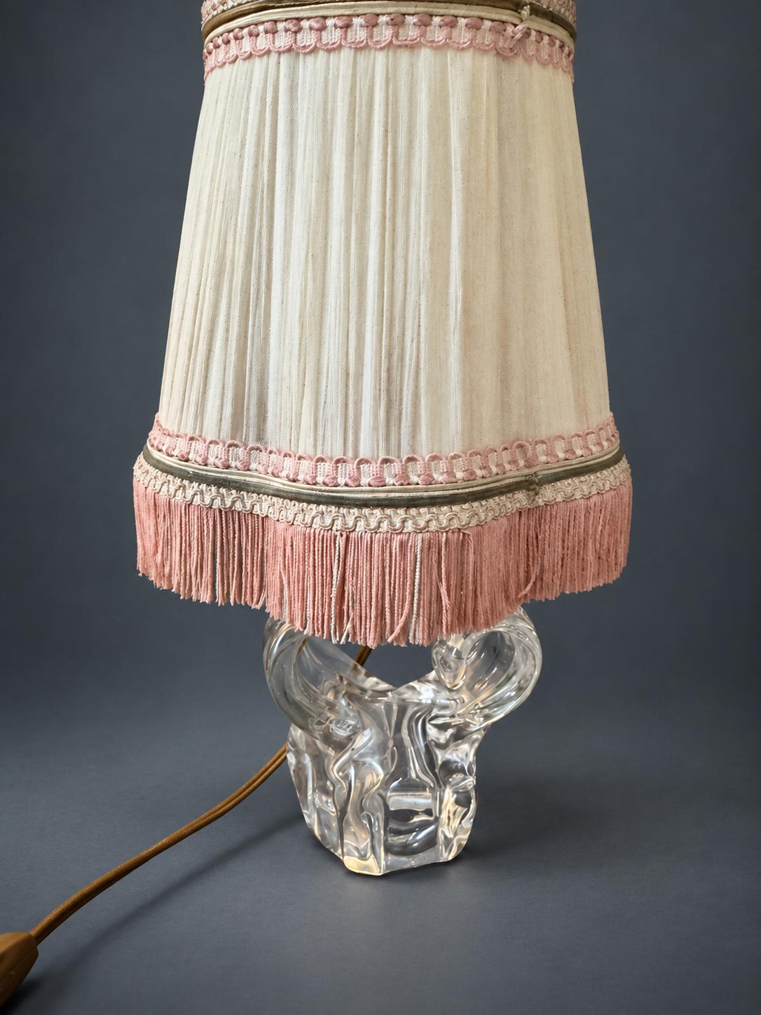 Vintage Mid-Century Clear Glass Table Lamp, Sculptural Twin-Loop Base, Pleated Shade with Fringe