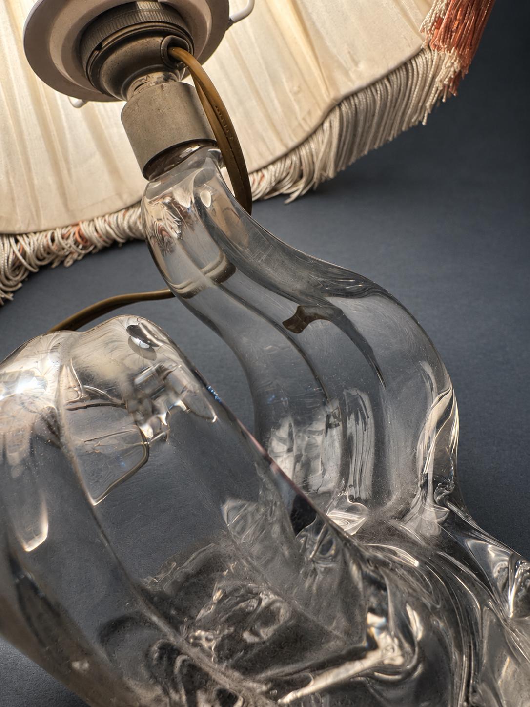 Vintage Mid-Century Clear Glass Table Lamp, Sculptural Twin-Loop Base, Pleated Shade with Fringe