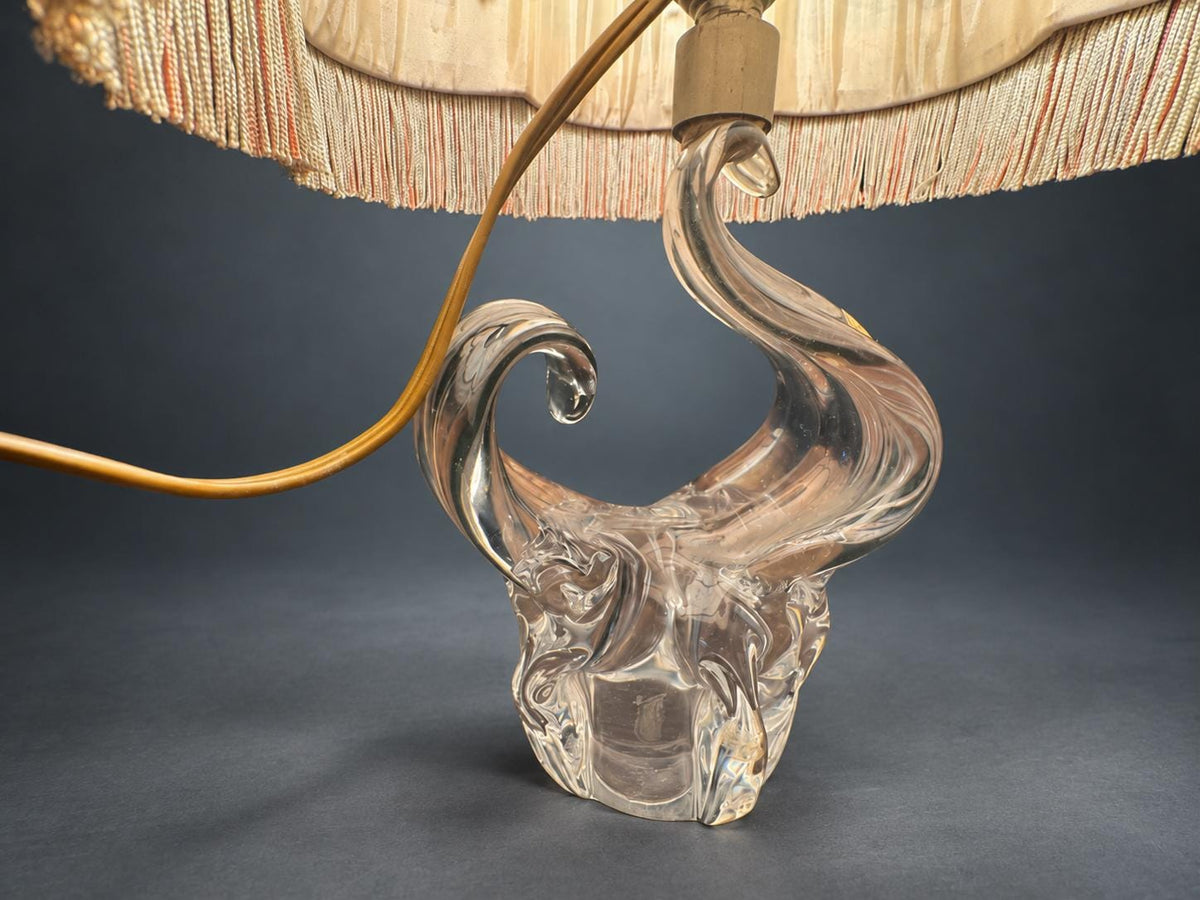 Vintage Mid-Century Clear Glass Table Lamp, Sculptural Twin-Loop Base, Pleated Shade with Fringe