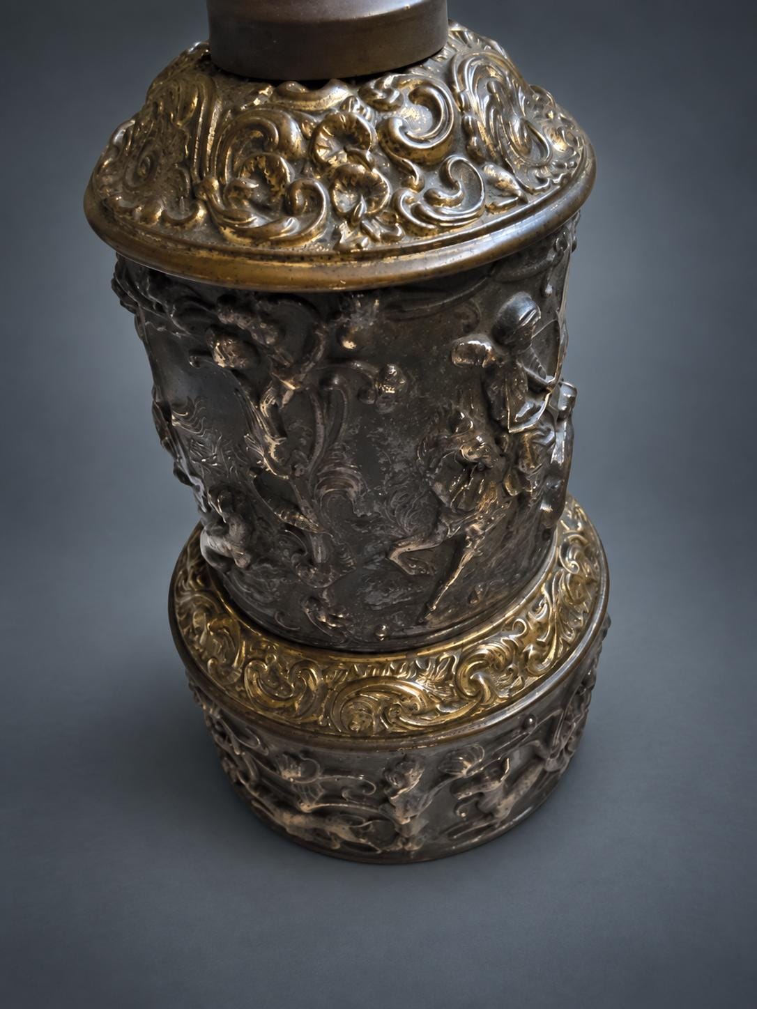 Antique Repoussé Copper Table Lamp Base, Hunting Scenes in Relief — Europe, 19th Century