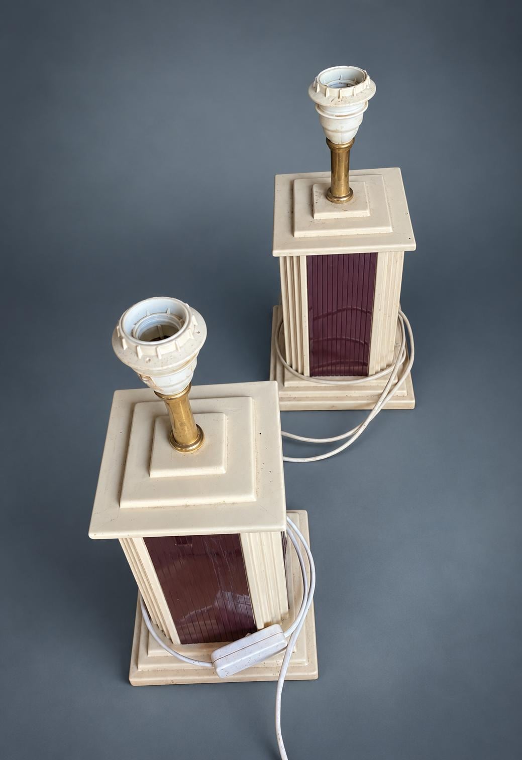 Vintage Pair of Hollywood Regency Style Column Table Lamps, Cream Glazed Ceramic with Fluted Corners and Tinted Mirror Strip Panels