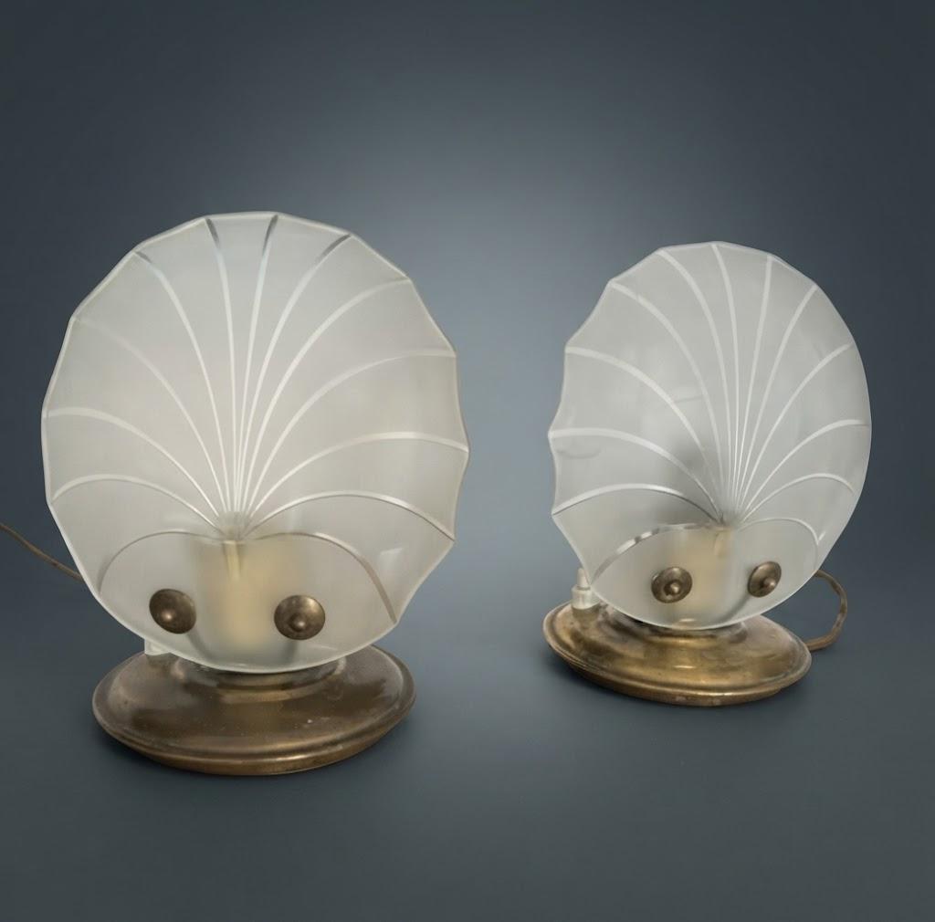 Vintage Pair of Mid-Century Bedside Lamps, Brass-Tone Bases with Fan-Shaped Frosted Glass Panels and Tulip Cups