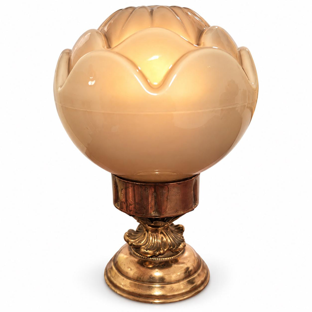 Vintage Art Deco Style Table Lamp, Tulip-Shaped Taupe Glass Globe on Silver-Tone Acanthus Base