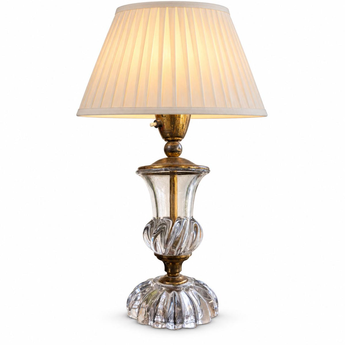 Antique French Crystal and Brass Table Lamp Base, Swirled Glass Urn Form — France, Early 20th Century