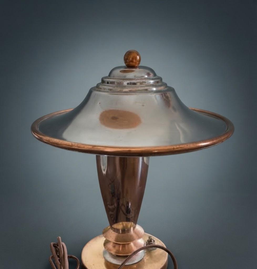 Vintage Art Deco Desk Lamp, Chrome-Tone and Copper-Tone Metal with Tilting Saucer Shade, Machine Age Style