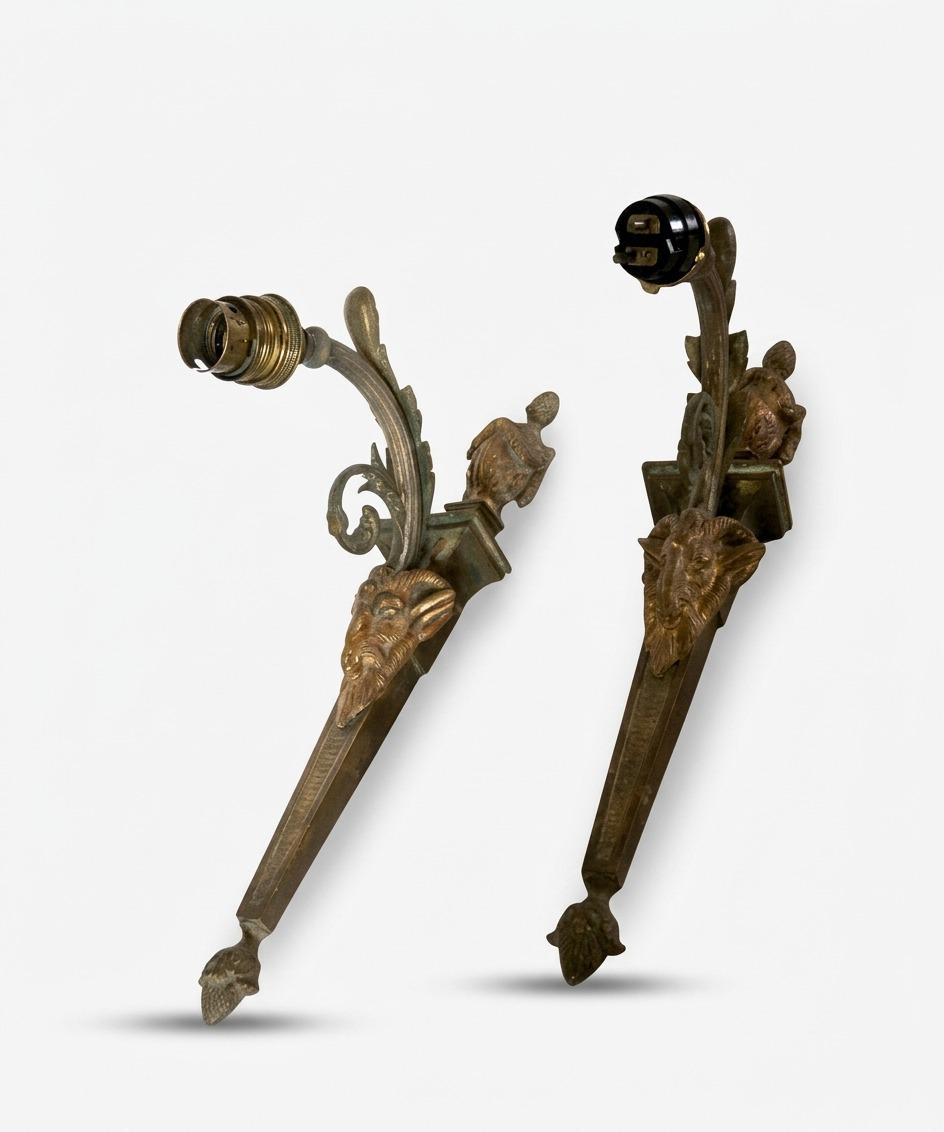 Pair of Gilt Bronze Ram Head Wall Sconces, French Decorative Wall Lights