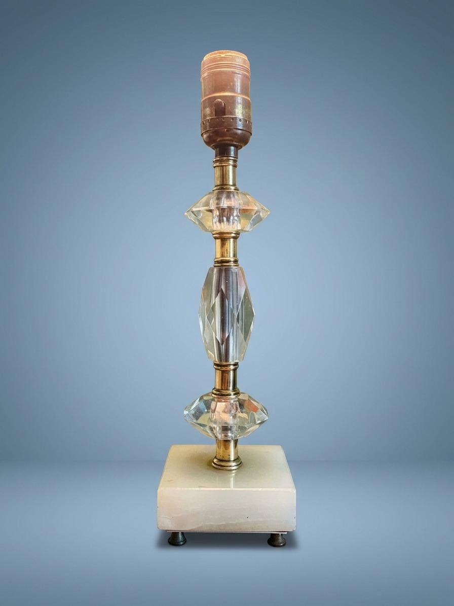 Vintage Hollywood Regency Style Table Lamp, Faceted Glass and Brass-Tone Stem on Square Veined Stone Base