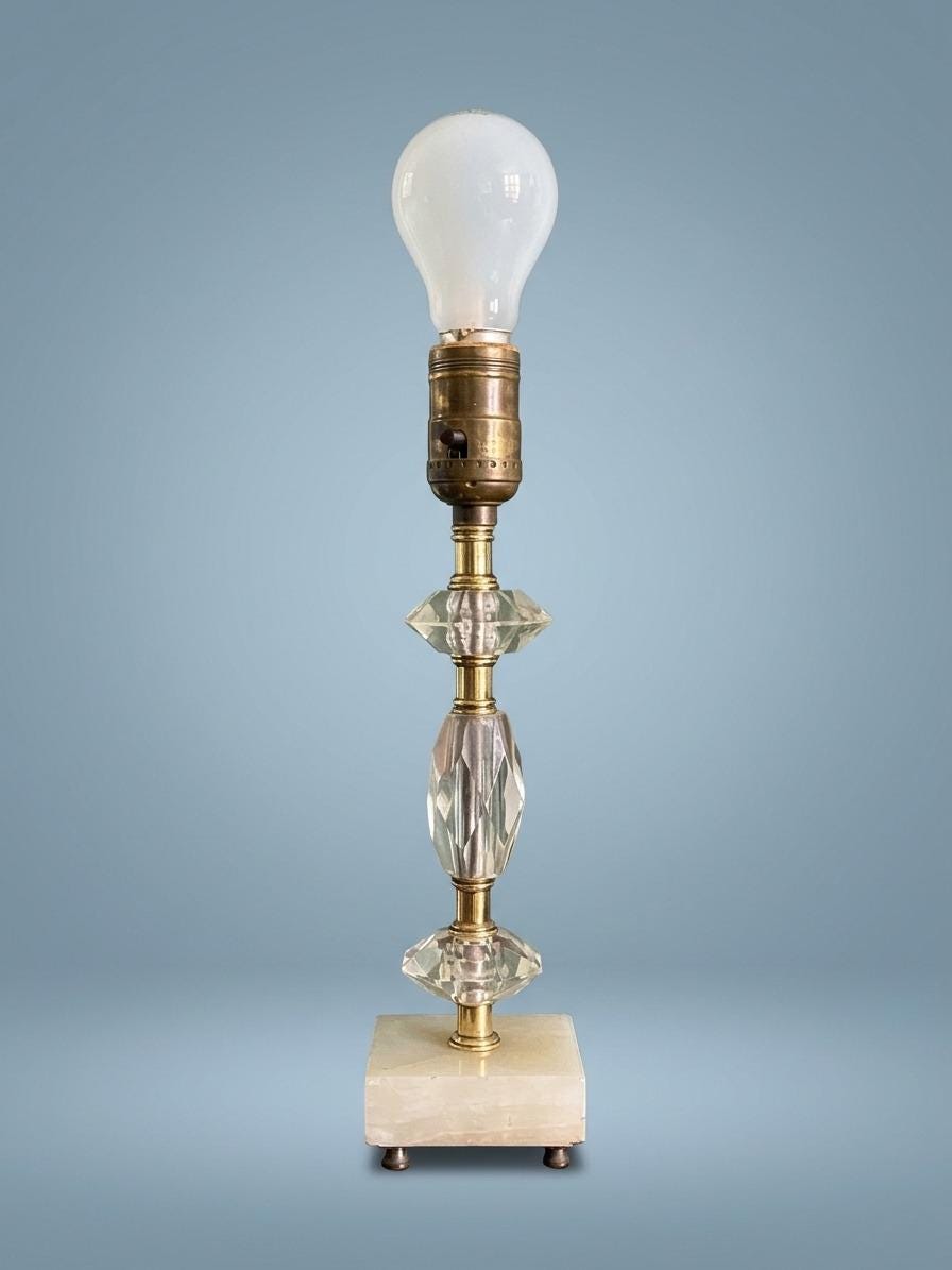 Vintage Hollywood Regency Style Table Lamp, Faceted Glass and Brass-Tone Stem on Square Veined Stone Base