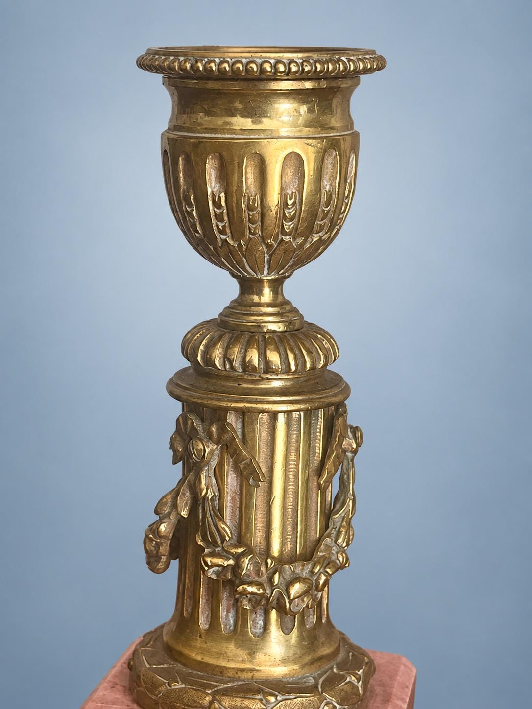 Antique Pair of Louis XVI Style Small Gilt Metal Candlesticks on Pink Veined Stone Plinths, Fluted Columns with Festoons