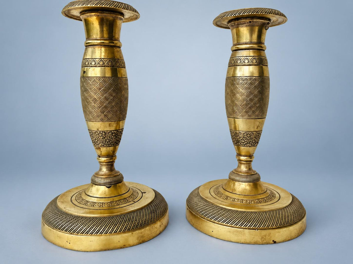 Antique Pair of Restauration Style Small "Ragot" Candlesticks, Brass-Tone Metal with Chased Diaper Pattern, Early 19th Century