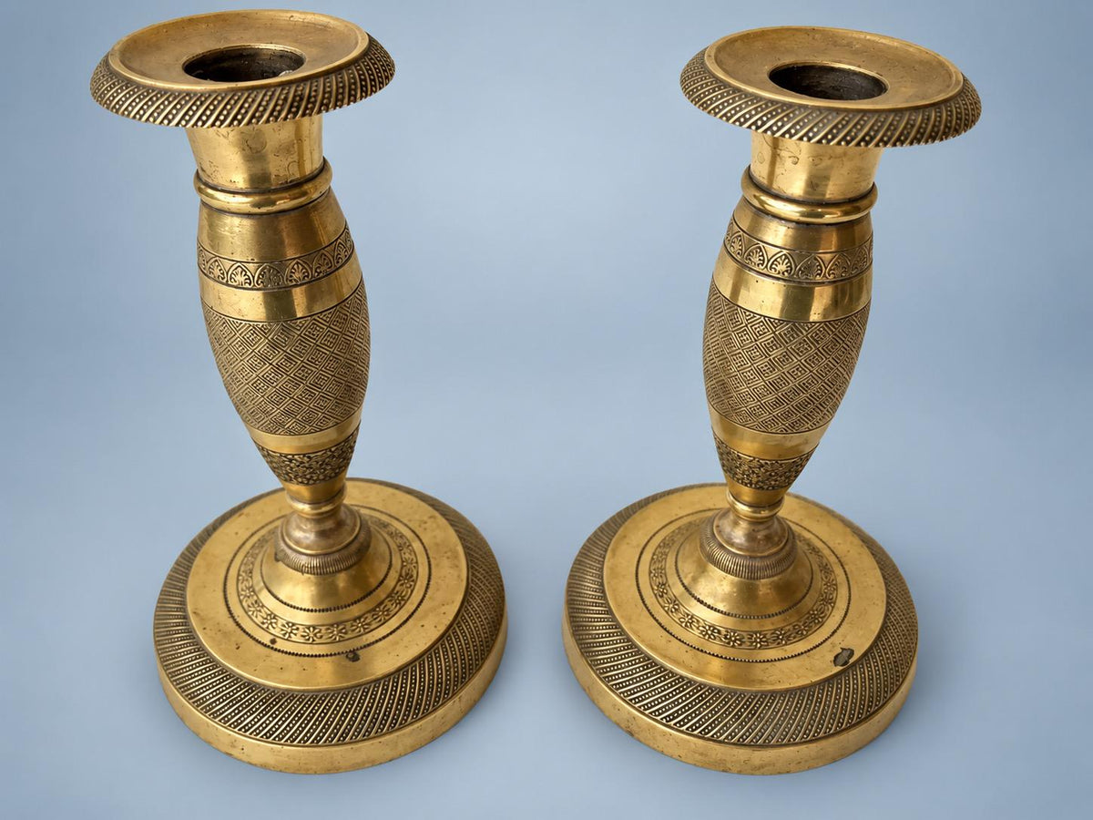 Antique Pair of Restauration Style Small "Ragot" Candlesticks, Brass-Tone Metal with Chased Diaper Pattern, Early 19th Century
