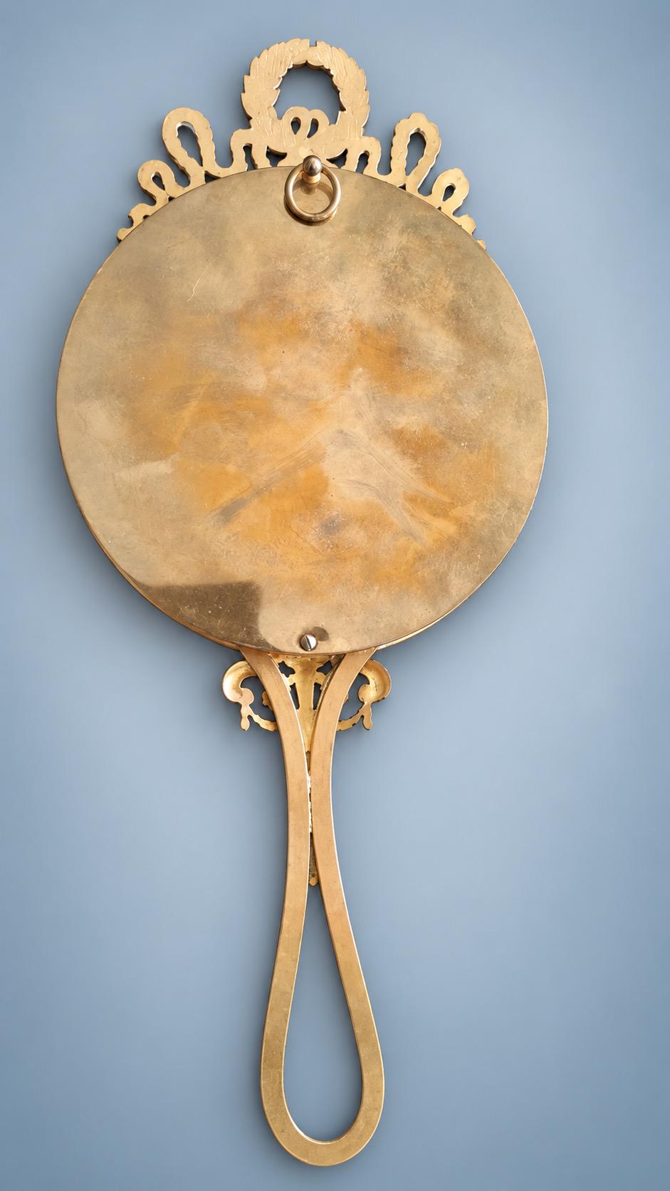 Louis XVI Style Gold-Tone Hand Mirror, Laurel Wreath and Ribbon Frame, Beveled Glass, 28.5 cm