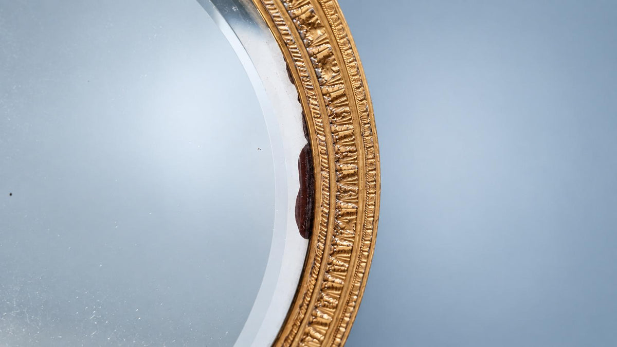 Louis XVI Style Gold-Tone Hand Mirror, Laurel Wreath and Ribbon Frame, Beveled Glass, 28.5 cm