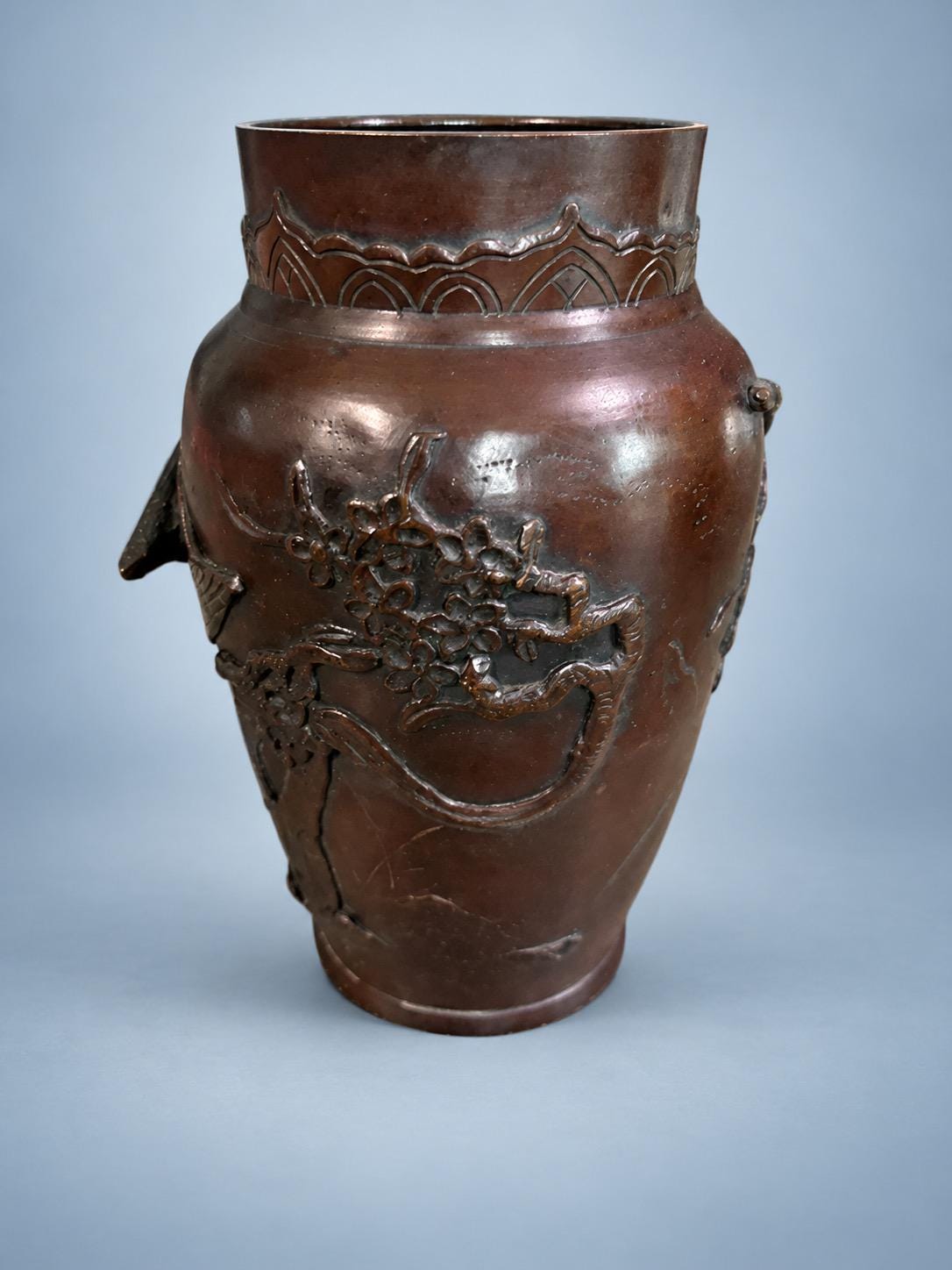 Vintage Asian Style Patinated Metal Baluster Vase with Bird and Blossom Branch in Relief