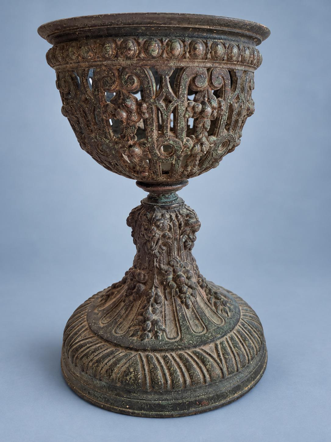 Vintage Napoleon III Style Patinated Metal Openwork Ornamental Cup on Pedestal, Pierced Scrolls and Flower Garlands