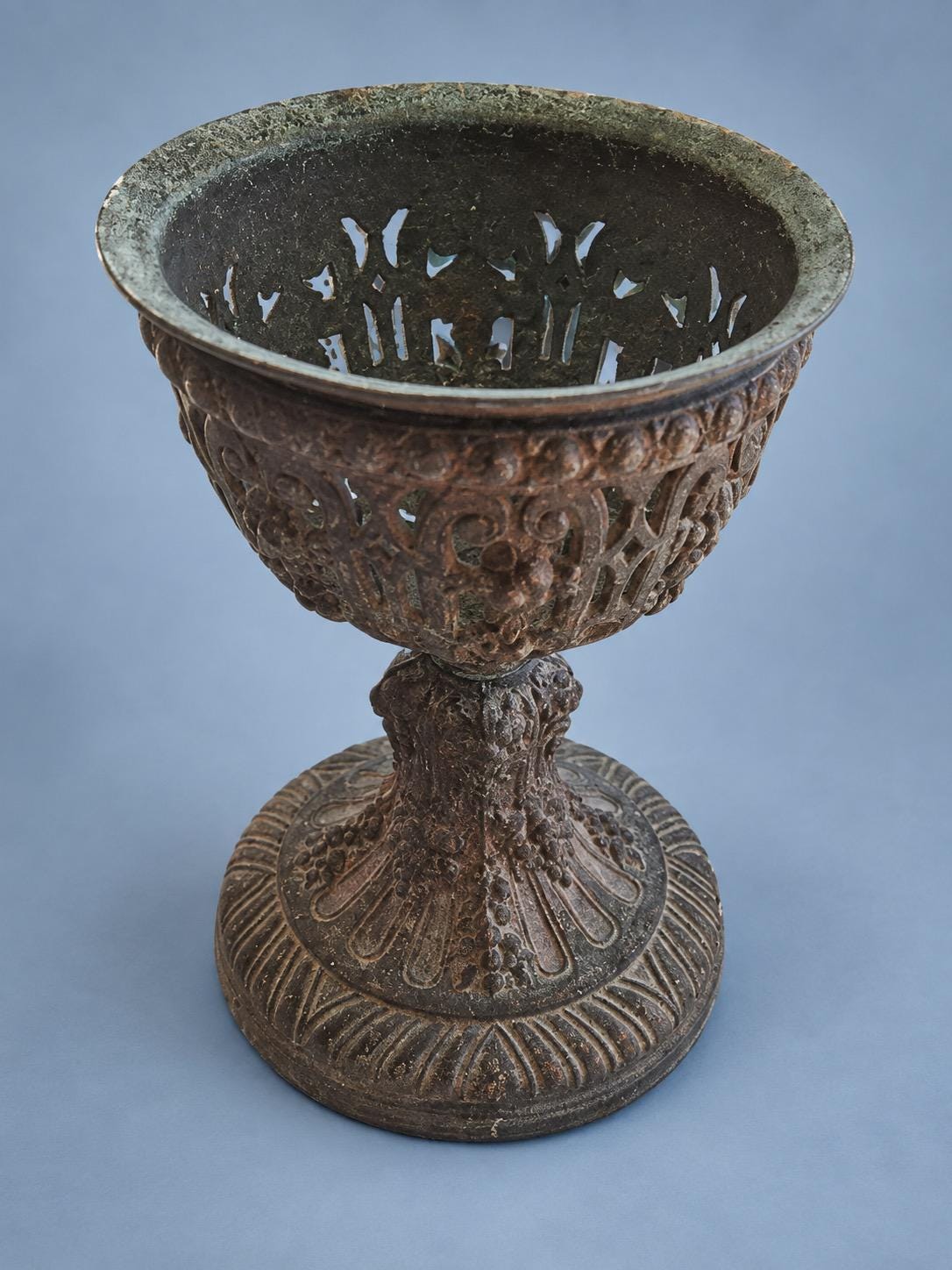Vintage Napoleon III Style Patinated Metal Openwork Ornamental Cup on Pedestal, Pierced Scrolls and Flower Garlands