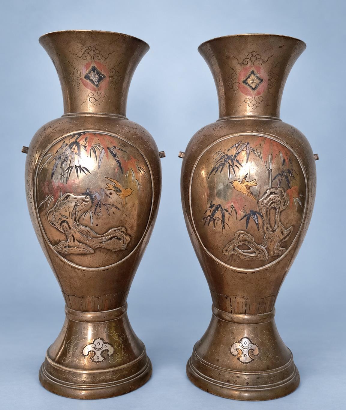 Antique Pair of Meiji Style Mixed-Metal Vases, Bird, Bamboo and Rock Panels in Copper, Gold and Silver Tones