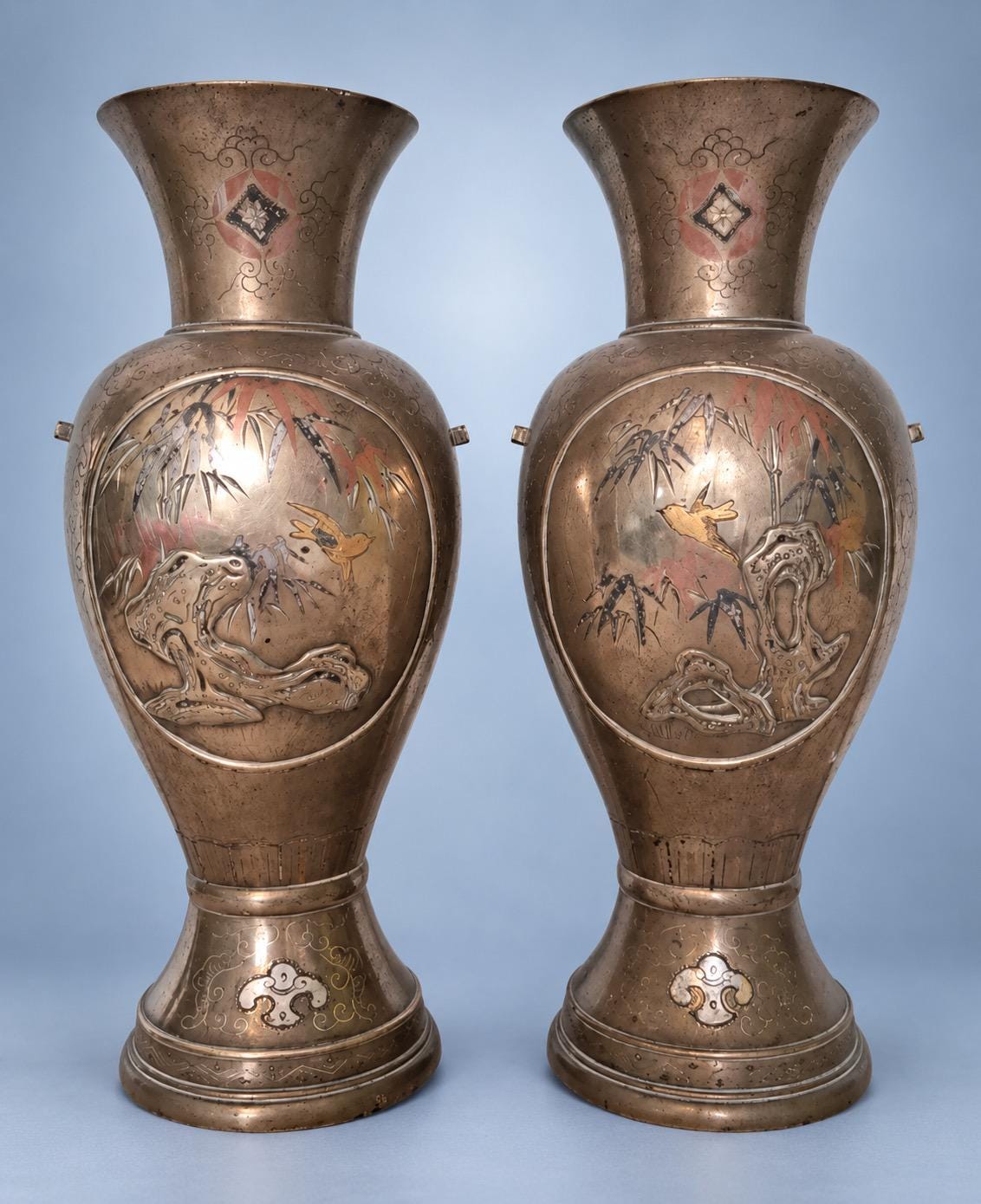 Antique Pair of Meiji Style Mixed-Metal Vases, Bird, Bamboo and Rock Panels in Copper, Gold and Silver Tones